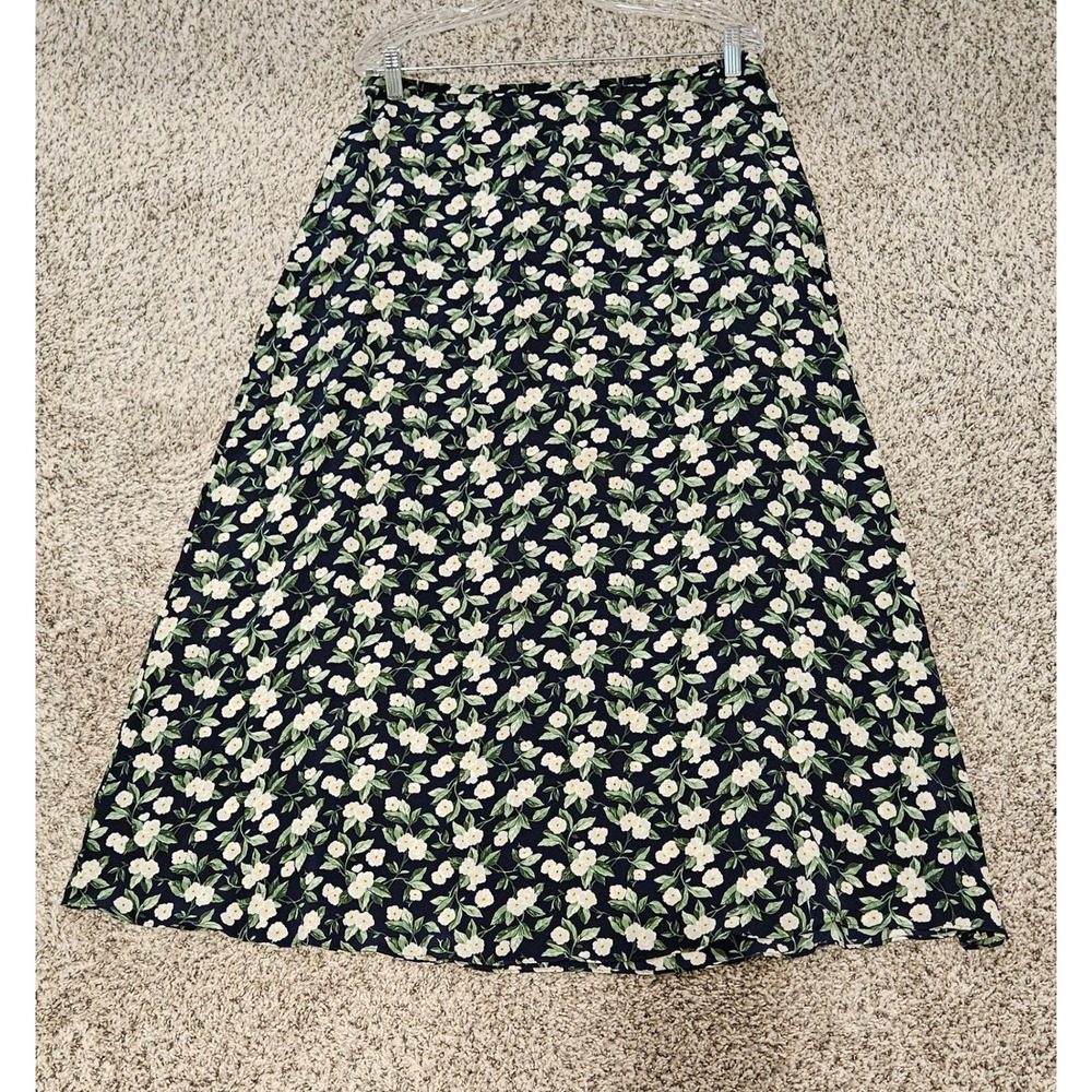 Lauren Ralph Lauren Skirt Women 14 Navy Floral 100% Silk Maxi ALine Quiet Luxury